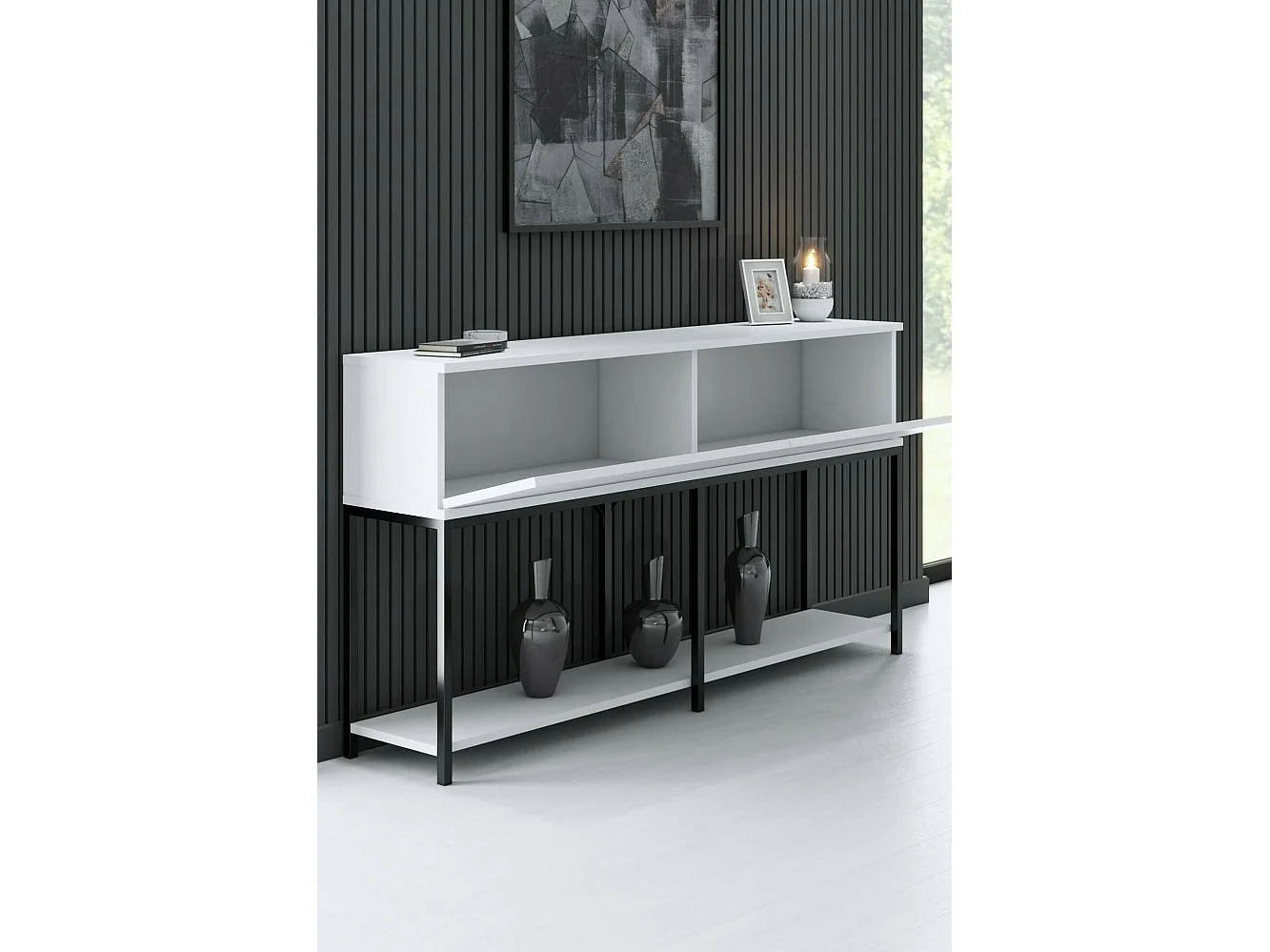 Aparador Djimsit, Bufé de salón, Aparador de salón, Despensa de cocina, 150x30h80 cm, Blanco y Negro