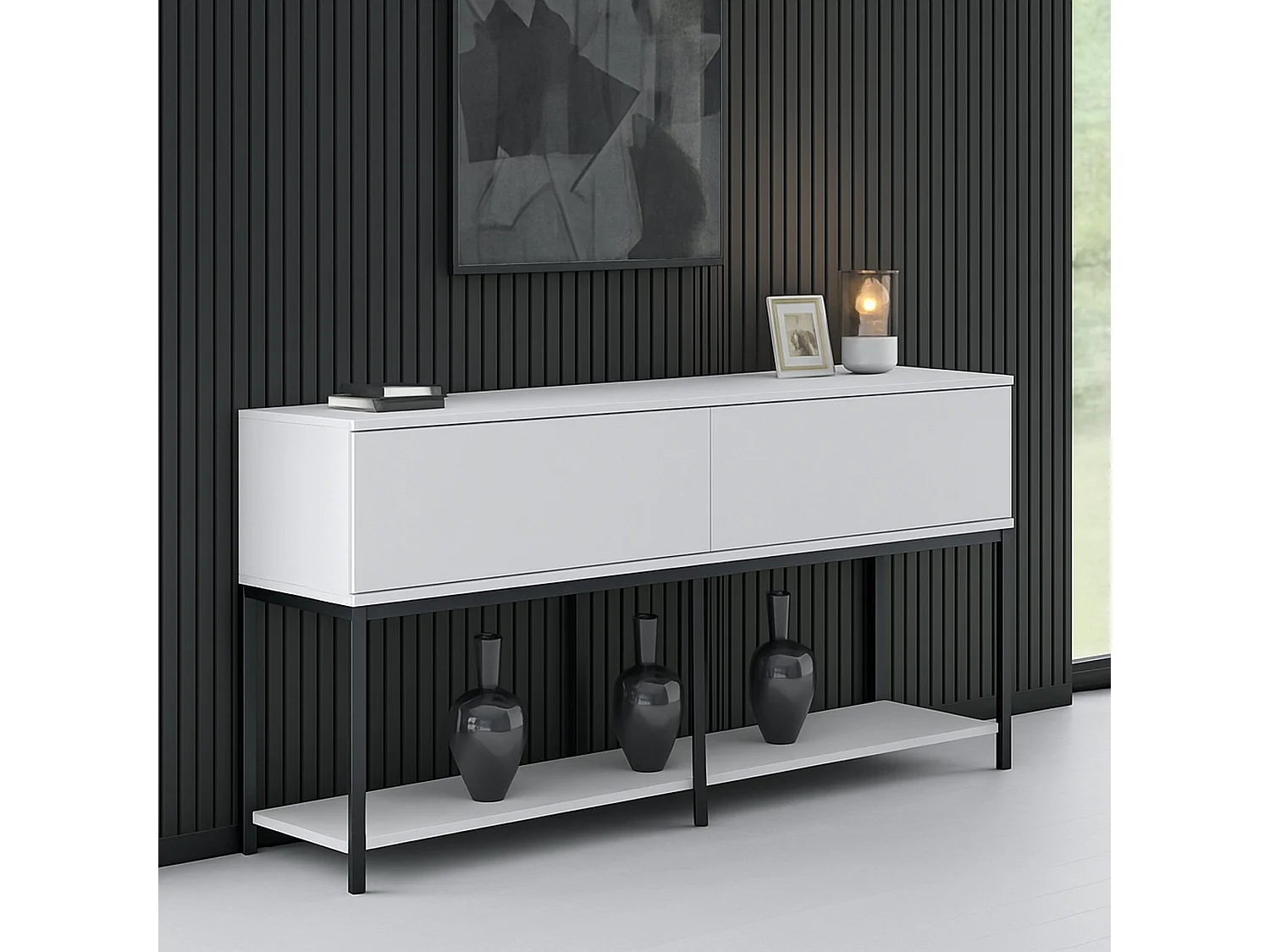 Buffet Altair, Buffet du salon, Commode de salon, Garde-manger de cuisine, 150x30h80 cm, Blanc et Noir