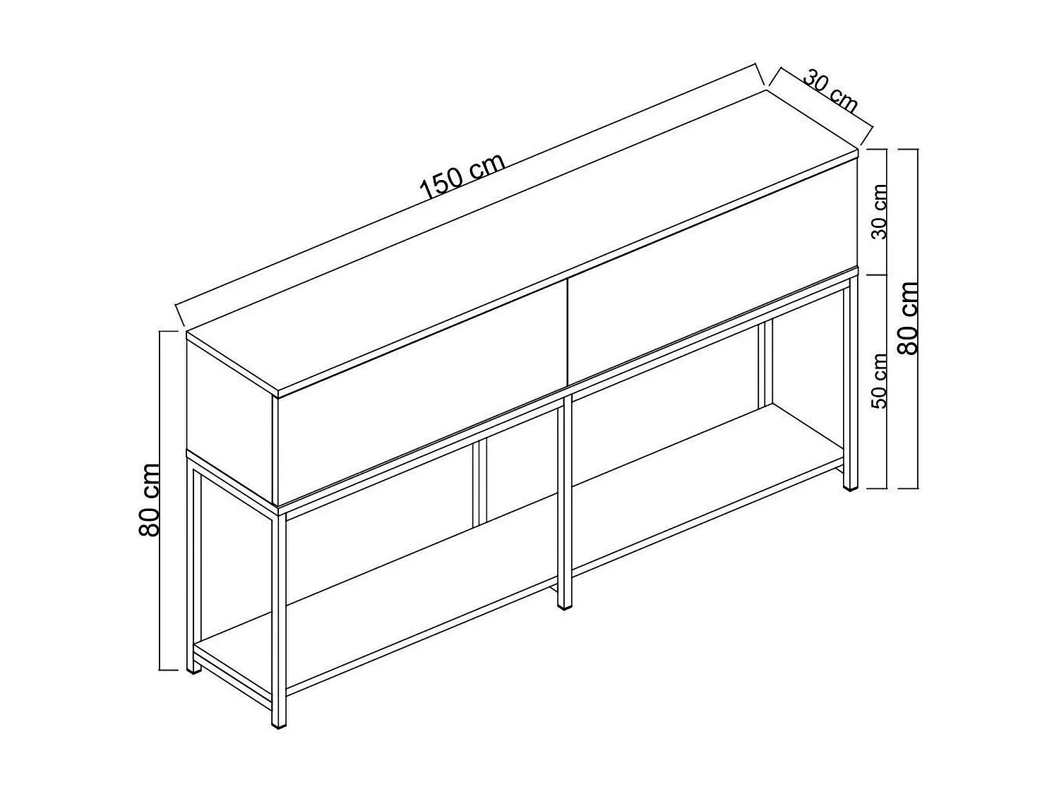 Buffet Altair, Buffet du salon, Commode de salon, Garde-manger de cuisine, 150x30h80 cm, Blanc et Noir