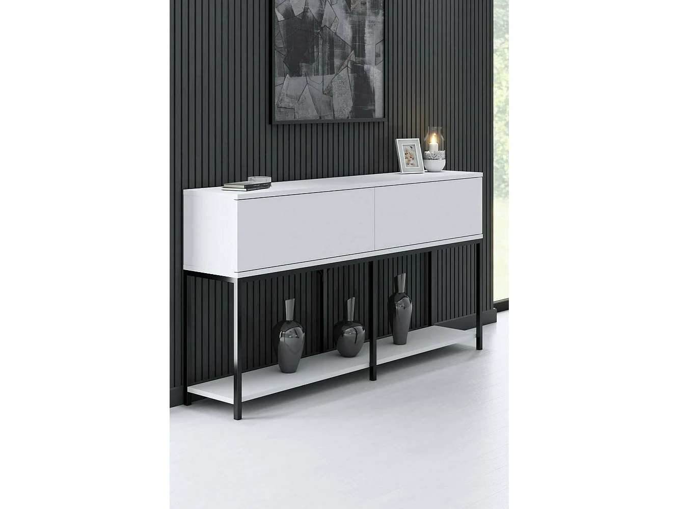 Buffet Altair, Buffet du salon, Commode de salon, Garde-manger de cuisine, 150x30h80 cm, Blanc et Noir