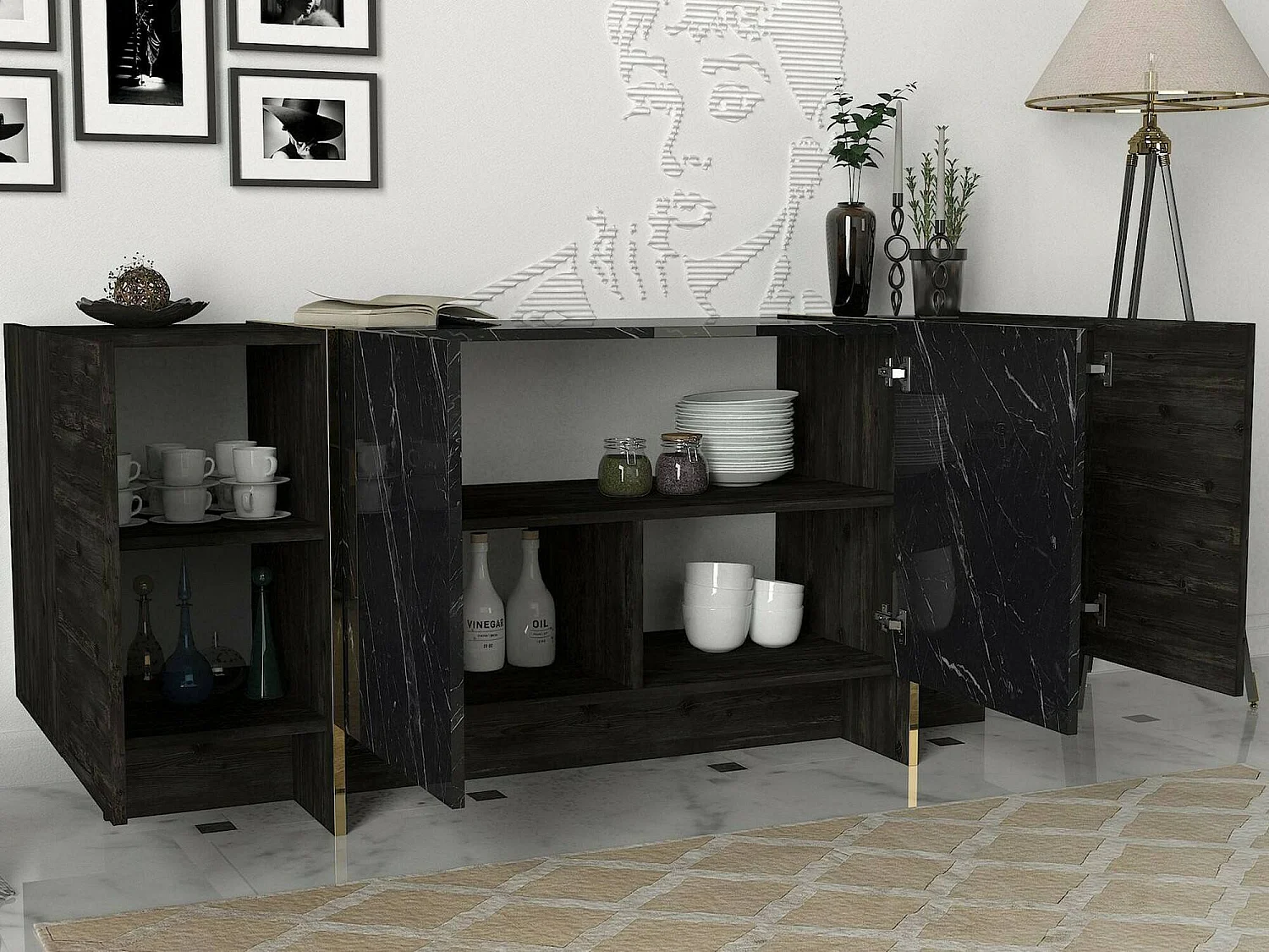 Buffet Okul, Buffet du salon, Commode de salon, Garde-manger de cuisine, 180x47h76 cm, Noir et Or