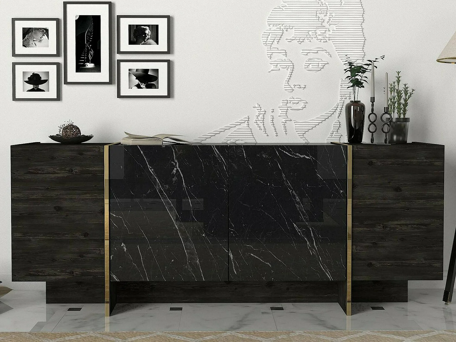 Aparador DpaZzagl, Buffet de sala, Madia de sala, Despensa de cozinha, 180x47h76 cm, Preto e Dourado