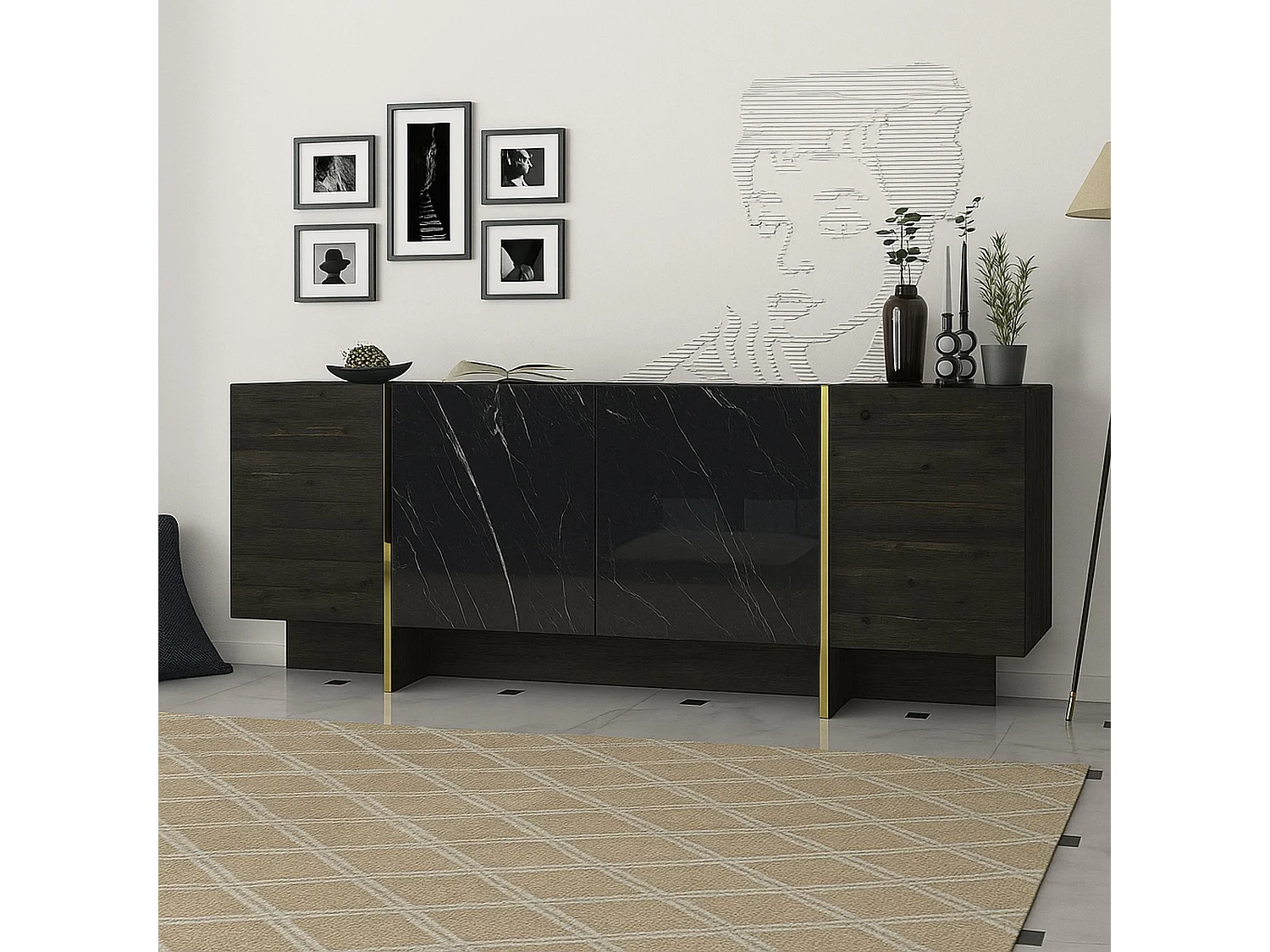 Aparador Dpazzagl, Bufé de salón, Aparador de salón, Despensa de cocina, 180x47h76 cm, Negro y Oro
