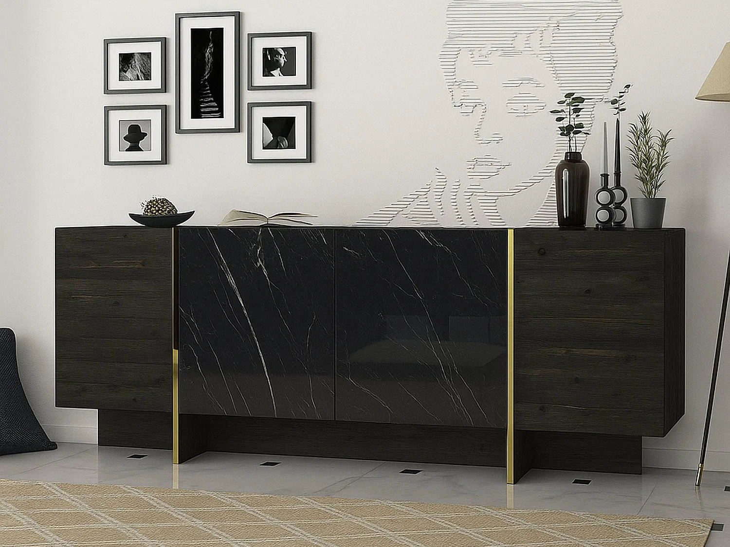 Aparador DpaZzagl, Buffet de sala, Madia de sala, Despensa de cozinha, 180x47h76 cm, Preto e Dourado