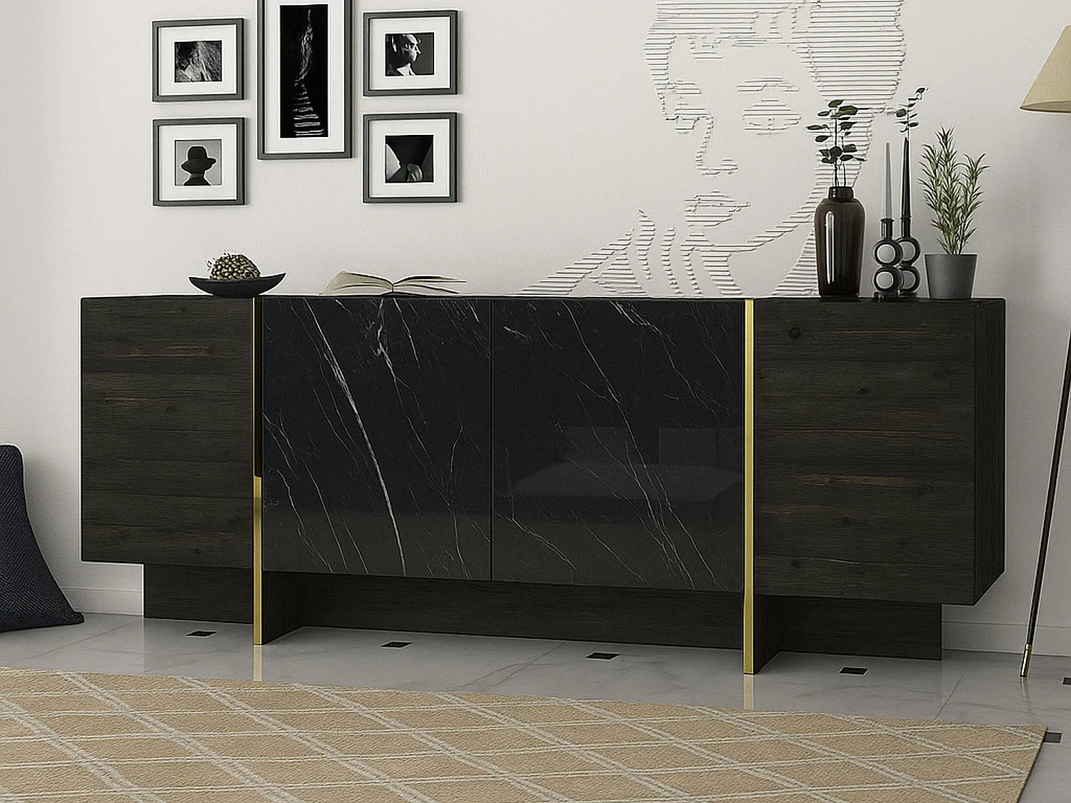 Aparador DpaZzagl, Buffet de sala, Madia de sala, Despensa de cozinha, 180x47h76 cm, Preto e Dourado