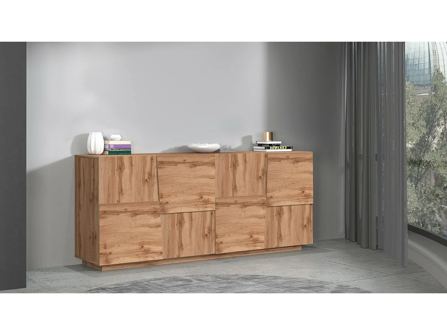 Buffet Yago, Buffet de salon, Buffet de salon moderne avec 4 portes, 200x44h86 cm, Chêne