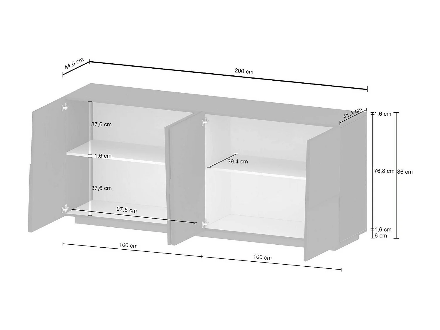 Buffet Yago, Buffet de salon, Buffet de salon moderne avec 4 portes, 200x44h86 cm, Chêne