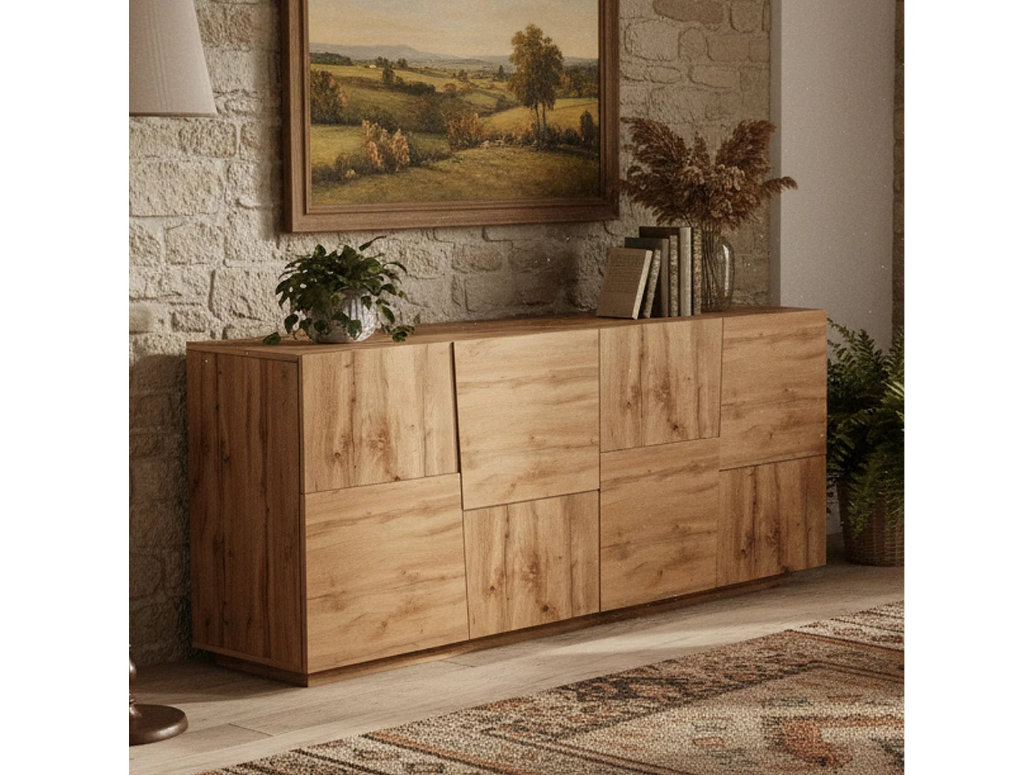Buffet Yago, Buffet de salon, Buffet de salon moderne avec 4 portes, 200x44h86 cm, Chêne