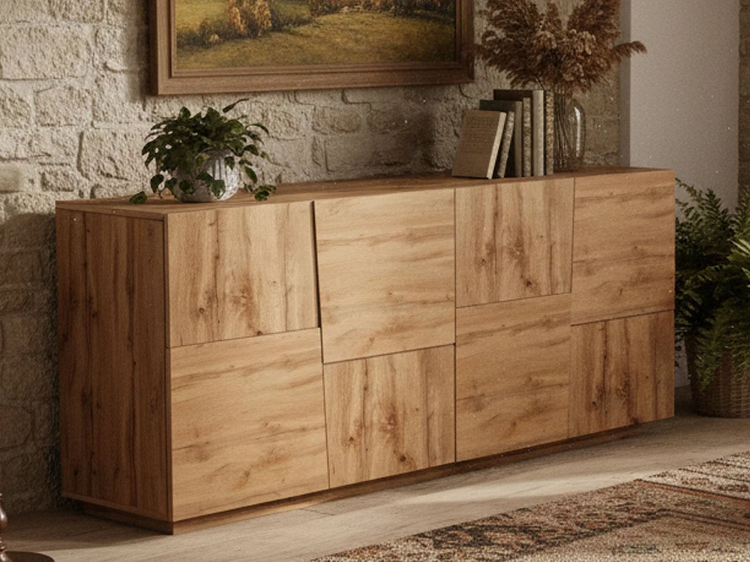 Buffet Yago, Buffet de salon, Buffet de salon moderne avec 4 portes, 200x44h86 cm, Chêne