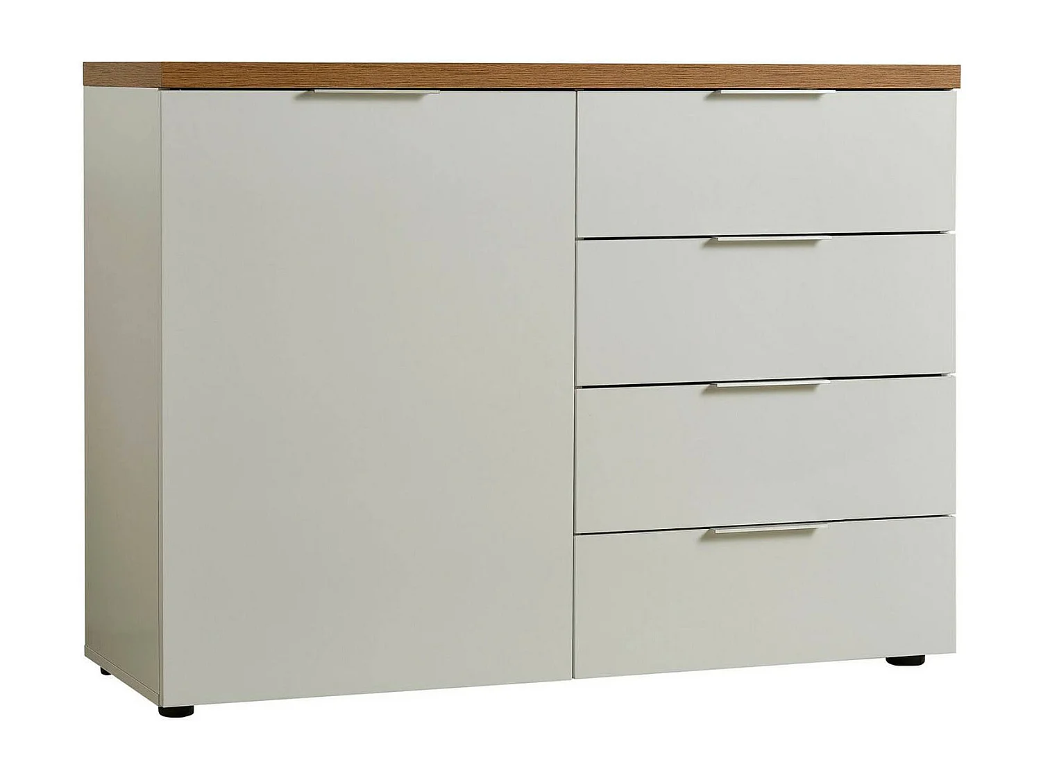 Dmora - Credenza Bagwis, 120x43h89 cm, Bianco lucido e Rovere