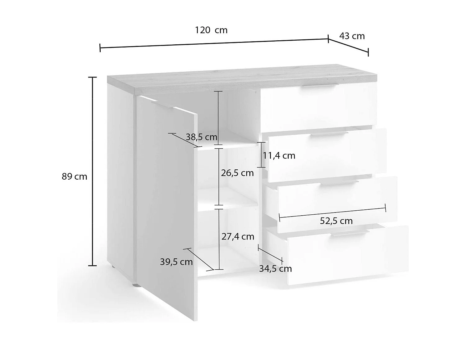 Dmora - Credenza Bagwis, 120x43h89 cm, Bianco lucido e Rovere