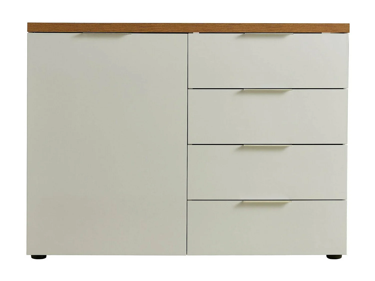 Dmora - Credenza Bagwis, 120x43h89 cm, Bianco lucido e Rovere