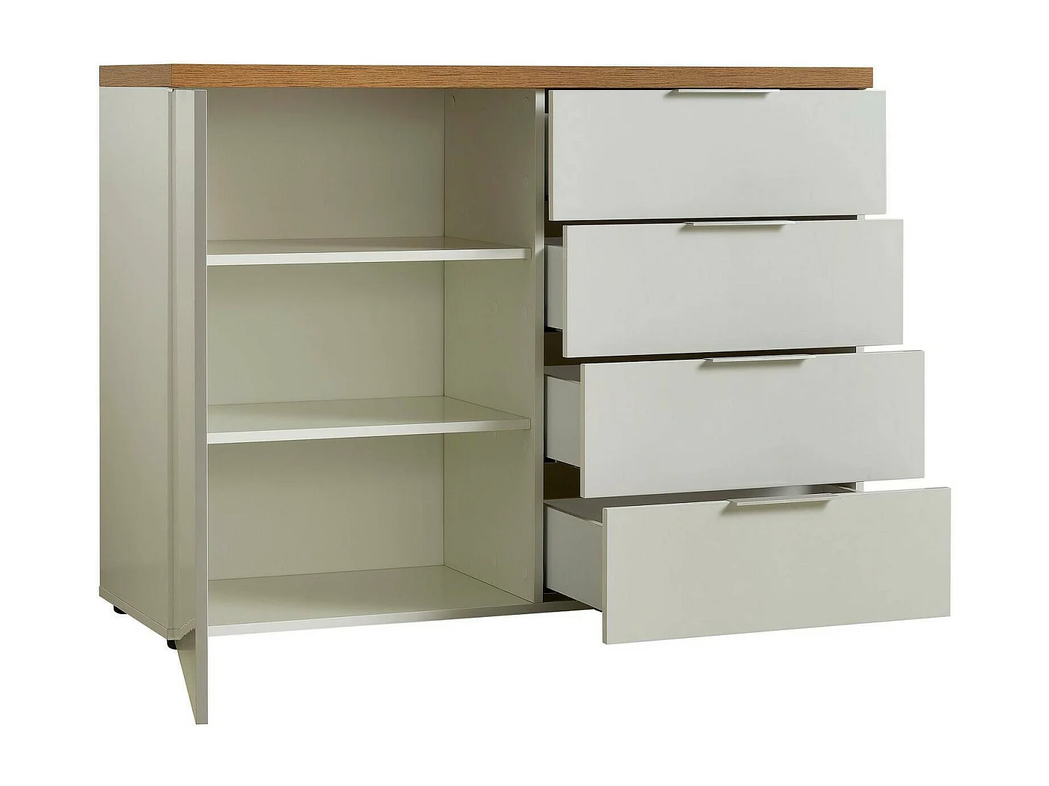 Dmora - Credenza Bagwis, 120x43h89 cm, Bianco lucido e Rovere