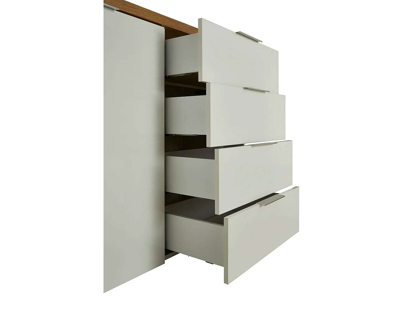 Dmora - Credenza Bagwis, 120x43h89 cm, Bianco lucido e Rovere