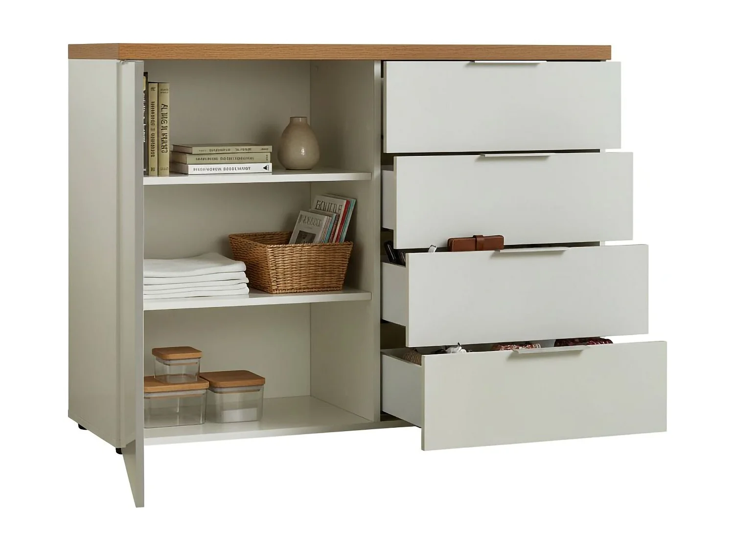 Ddelorenz Dressoir, Woonkamer Buffet, Woonkamer, Keuken Pantry, Made in Italy, 120x43h89 cm, glanzend wit en eiken