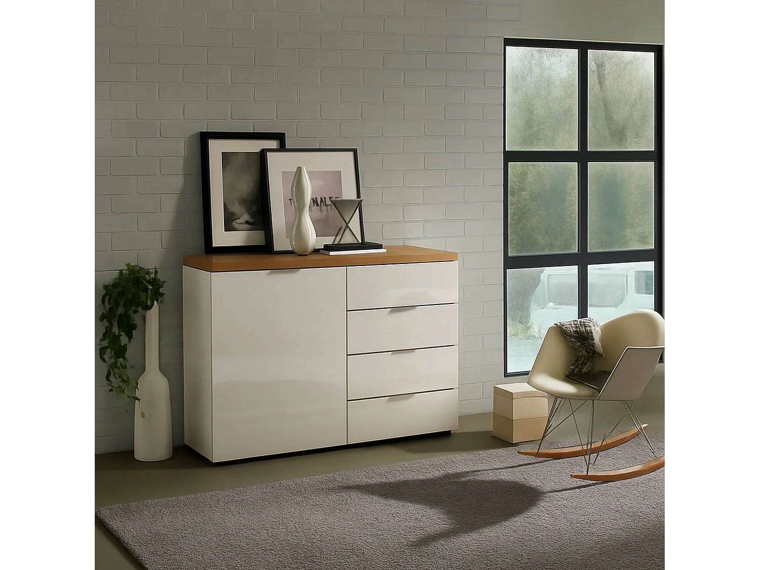 Ddelorenz Dressoir, Woonkamer Buffet, Woonkamer, Keuken Pantry, Made in Italy, 120x43h89 cm, glanzend wit en eiken