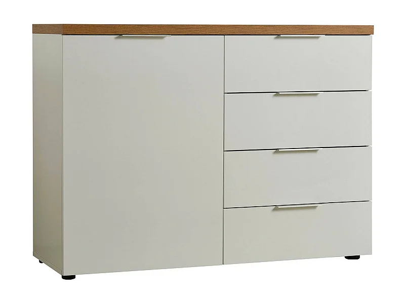 Dmora - Credenza Bagwis, 120x43h89 cm, Bianco lucido e Rovere