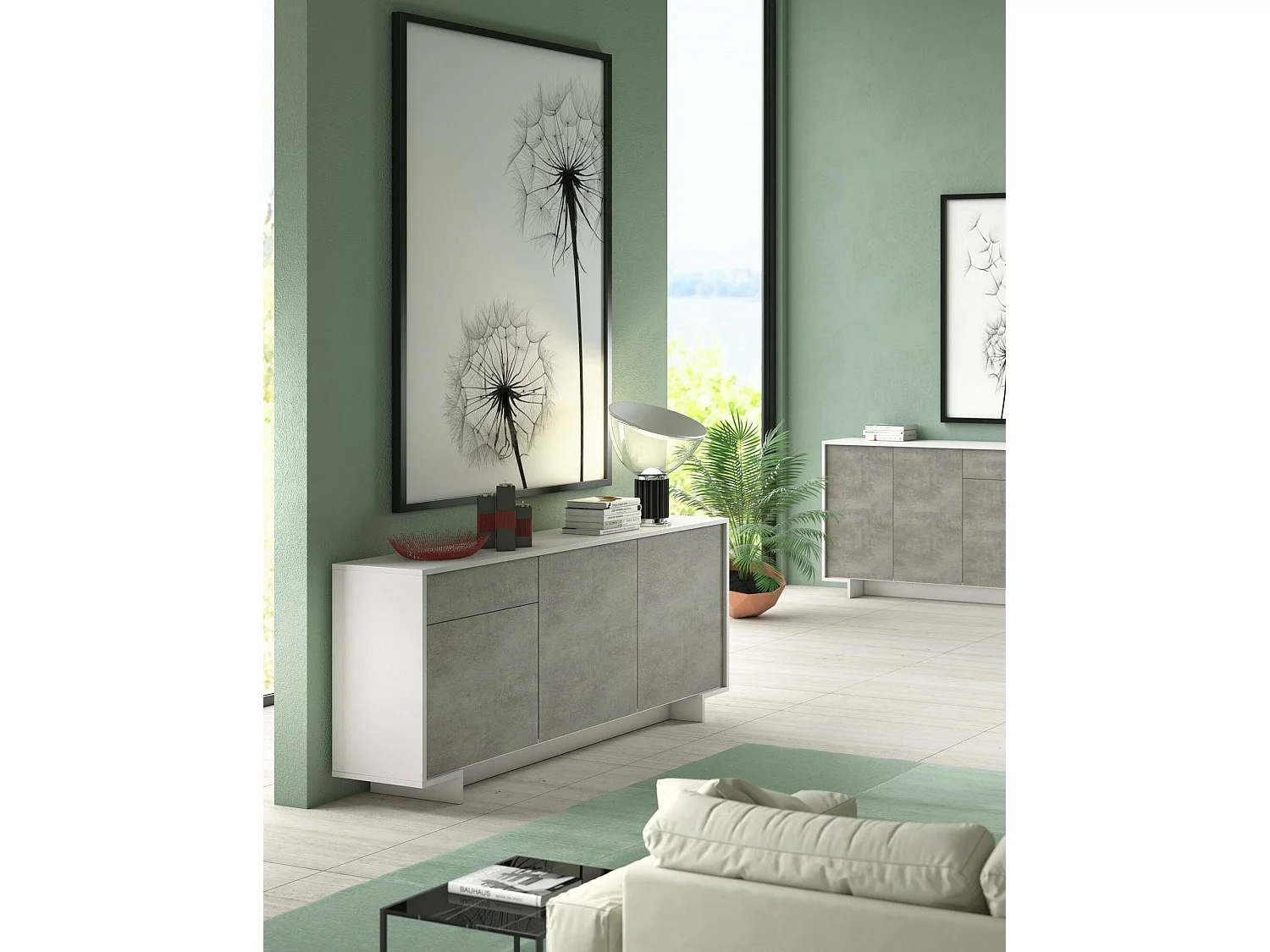 Buffet Agrifoglio, Buffet de salon, Buffet de salon avec 3 portes et 1 tiroir, 100% Made in Italy, 170x42h78 cm, Blanc et Ciment