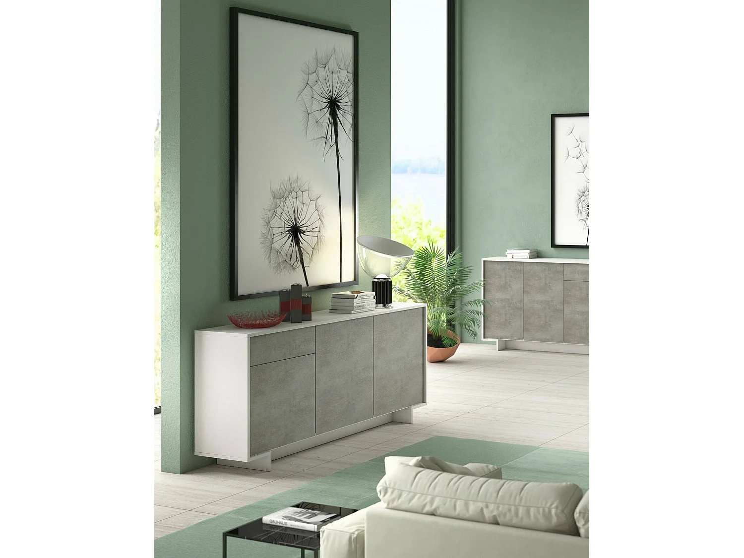 Buffet Agrifoglio, Buffet de salon, Buffet de salon avec 3 portes et 1 tiroir, 100% Made in Italy, 170x42h78 cm, Blanc et Ciment