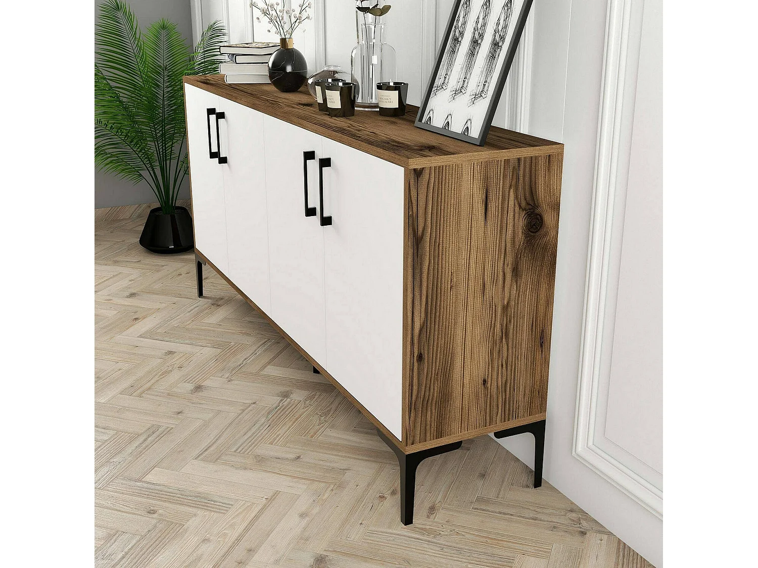 Aparador Daltobell, Bufé de salón, Aparador de salón, Despensa de cocina, 160x35h78 cm, Nogal y Blanco