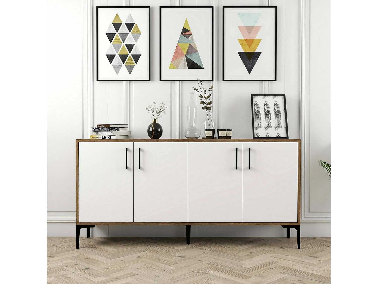Kommode Daltobell, Wohnzimmerbuffet, Wohnzimmer-Sideboard, Moderne Küchen-Speisekammer, 160x35h78 cm, Walnuss und Weiß