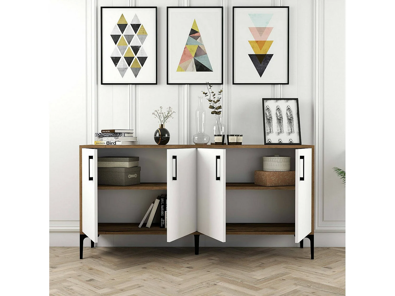 Kommode Daltobell, Wohnzimmerbuffet, Wohnzimmer-Sideboard, Moderne Küchen-Speisekammer, 160x35h78 cm, Walnuss und Weiß