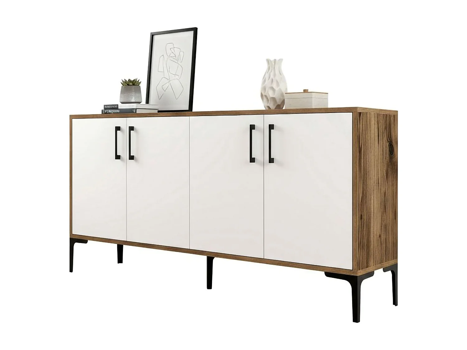 Kommode Daltobell, Wohnzimmerbuffet, Wohnzimmer-Sideboard, Moderne Küchen-Speisekammer, 160x35h78 cm, Walnuss und WeiÃŸ
