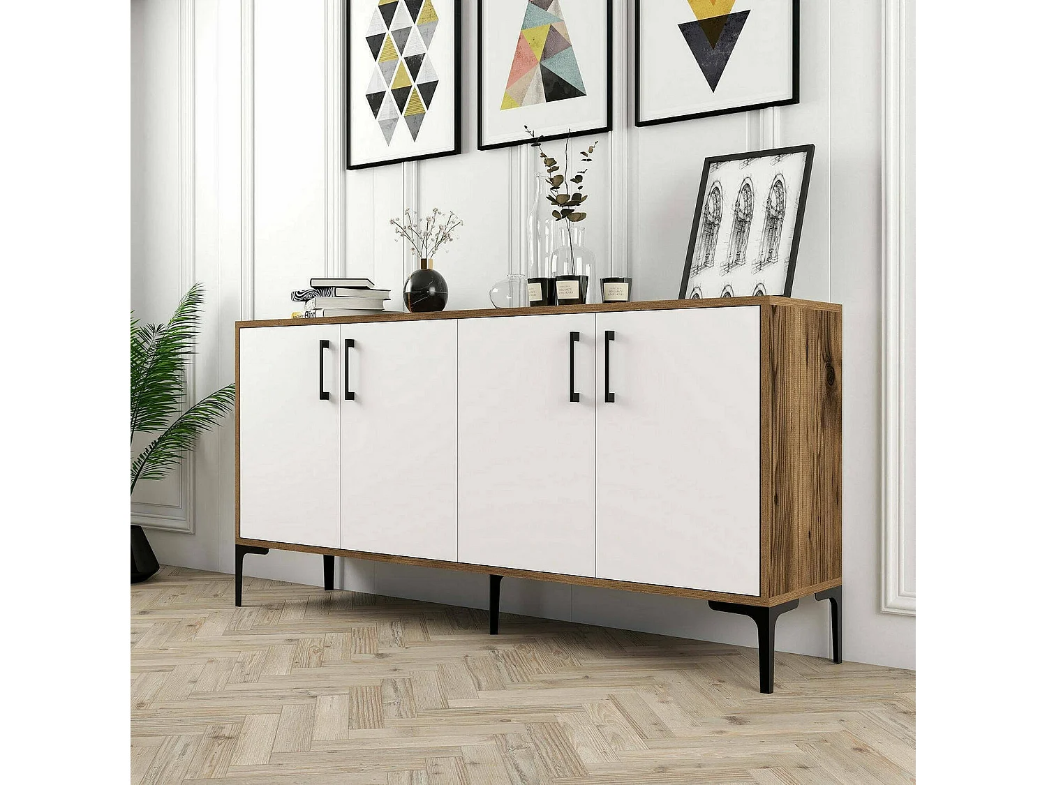 Kommode Daltobell, Wohnzimmerbuffet, Wohnzimmer-Sideboard, Moderne Küchen-Speisekammer, 160x35h78 cm, Walnuss und WeiÃŸ