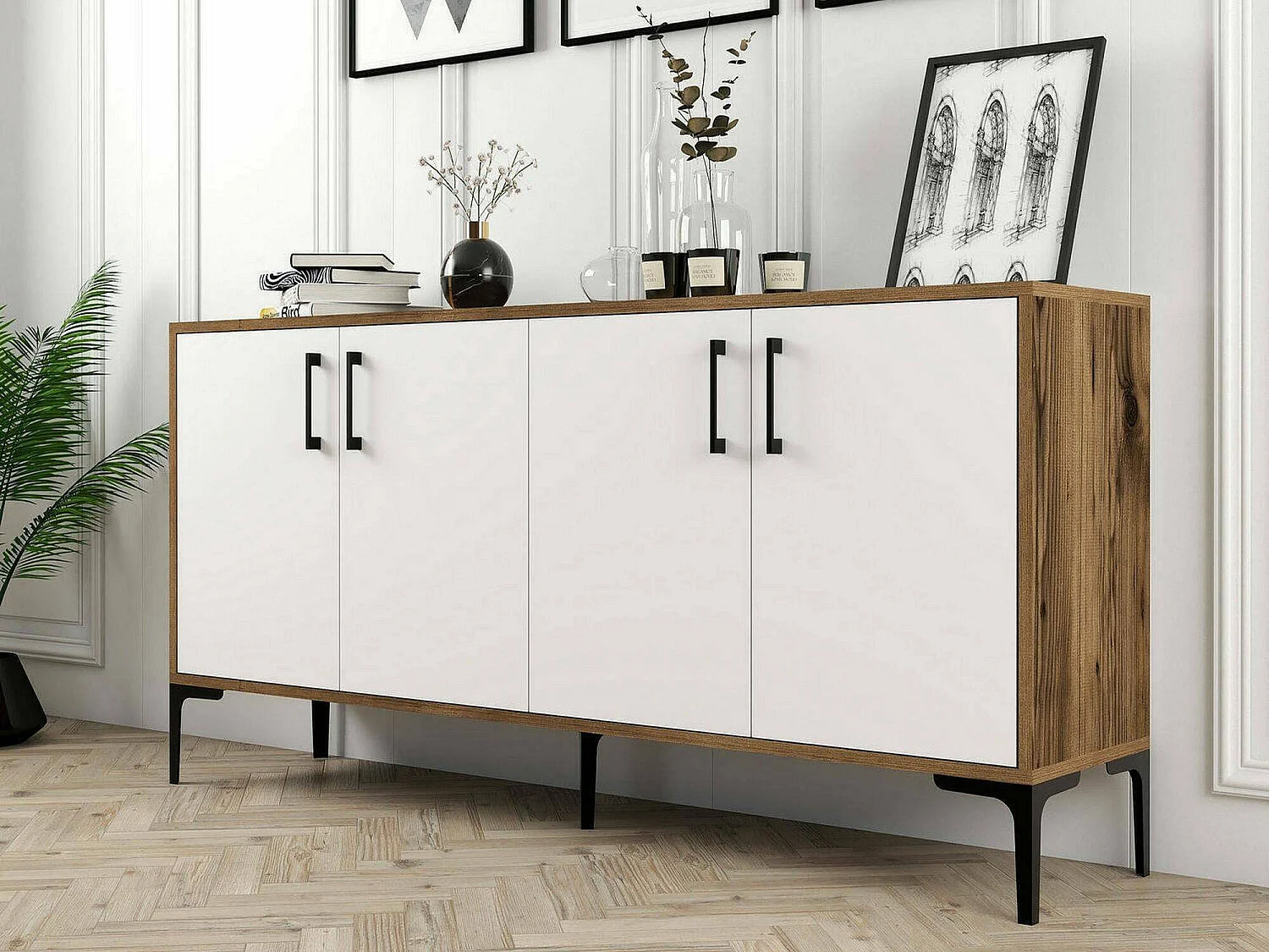 Kommode Daltobell, Wohnzimmerbuffet, Wohnzimmer-Sideboard, Moderne Küchen-Speisekammer, 160x35h78 cm, Walnuss und WeiÃŸ