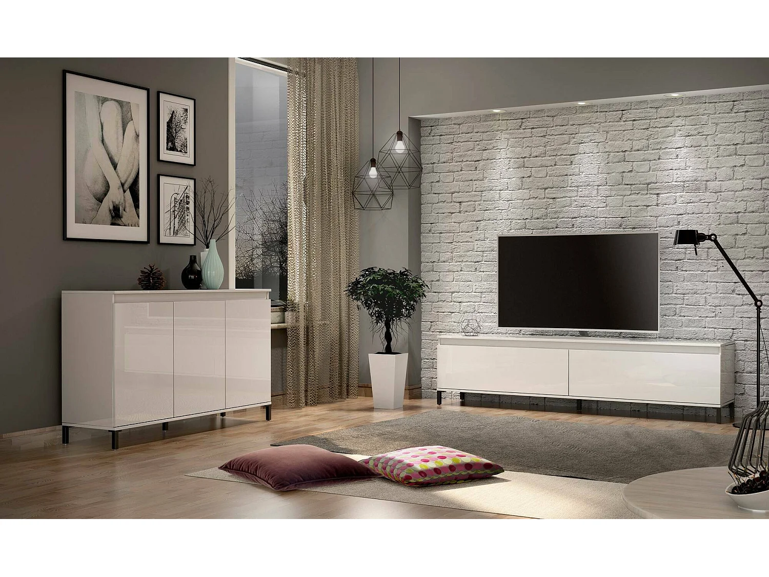 Kommode Dcassandr, Wohnzimmerbuffet, Wohnzimmer-Sideboard, Moderne Küchen-Speisekammer, Made in Italy, 138x40h90 cm, Glänzendes Weiß und Anthrazit
