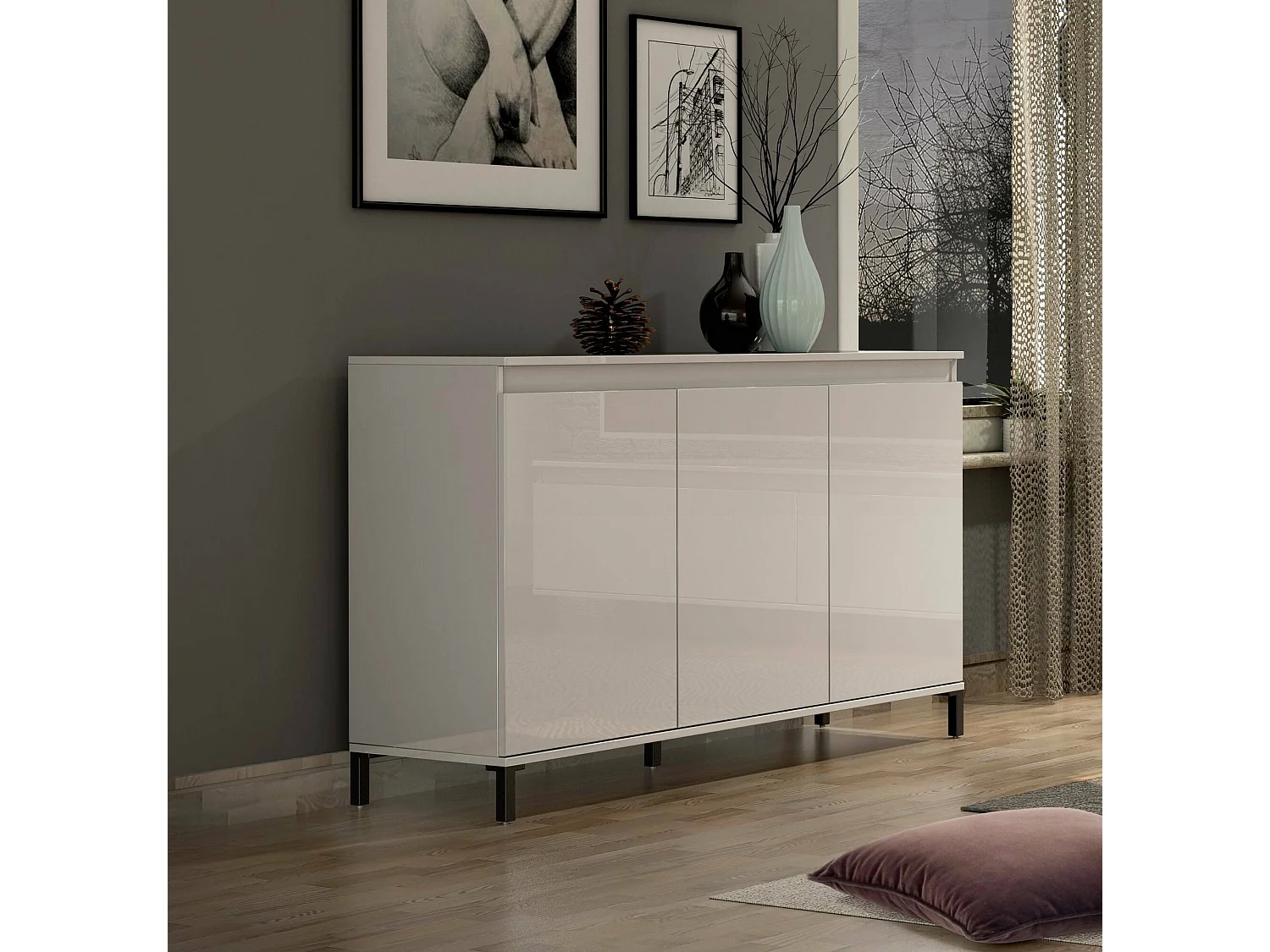Dcassandr dressoir, Woonkamer buffet, Woonkamer, Keuken bijkeuken, Made in Italy, 138x40h90 cm, Glanzend wit en Antraciet