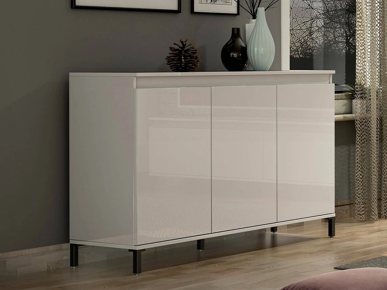 Kommode Dcassandr, Wohnzimmerbuffet, Wohnzimmer-Sideboard, Moderne Küchen-Speisekammer, Made in Italy, 138x40h90 cm, Glänzendes WeiÃŸ und Anthrazit