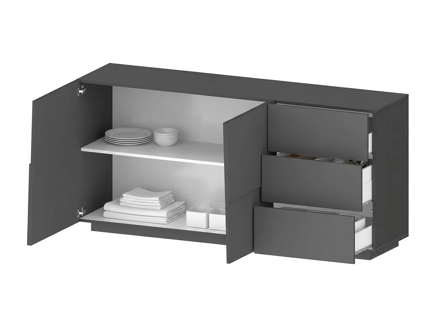 Kommode Ddalessi, Wohnzimmer-Buffet, Wohnzimmer-Kommode mit 2 Türen und 3 Schubladen, 180x44x86 cm, Anthrazit