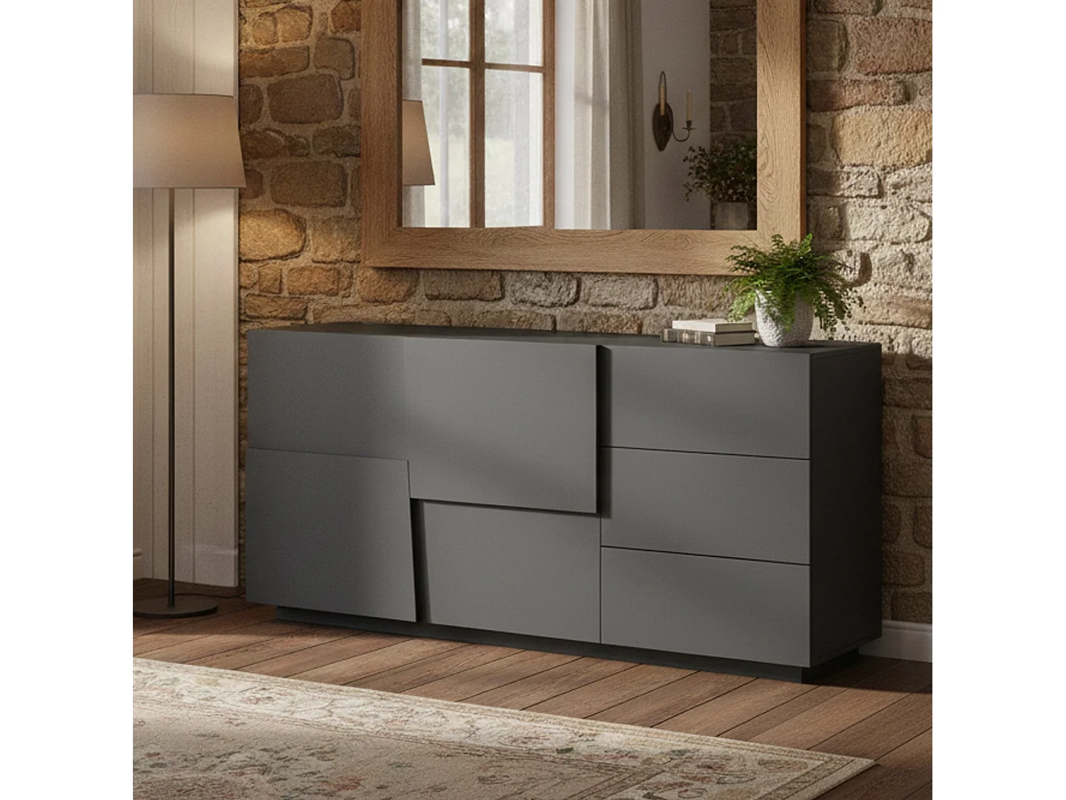 Kommode Ddalessi, Wohnzimmer-Buffet, Wohnzimmer-Kommode mit 2 Türen und 3 Schubladen, 180x44x86 cm, Anthrazit