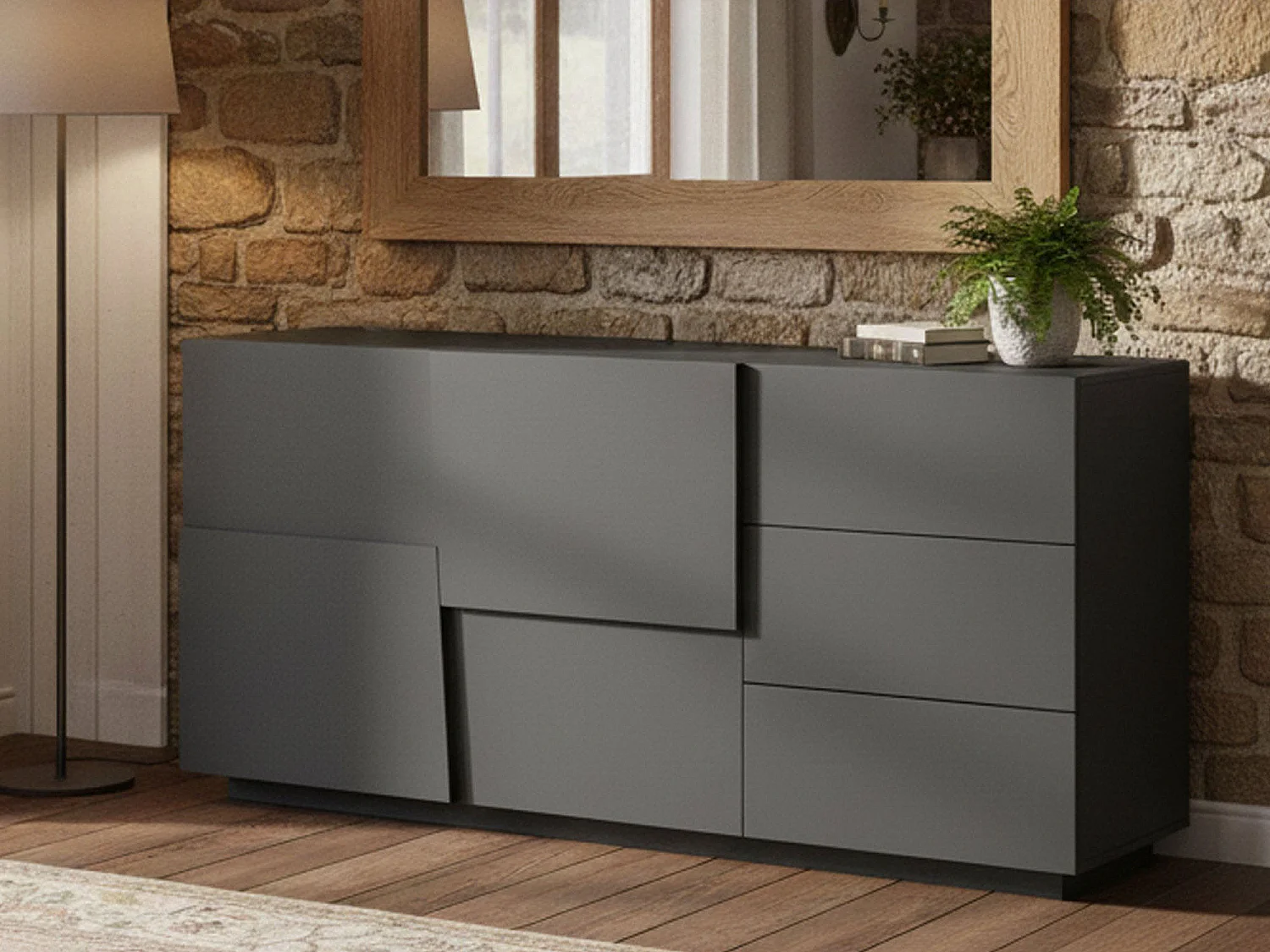 Ddalessi dressoir, Woonkamerbuffet, Woonkamer met 2 deuren en 3 laden, 180x44h86 cm, Antraciet