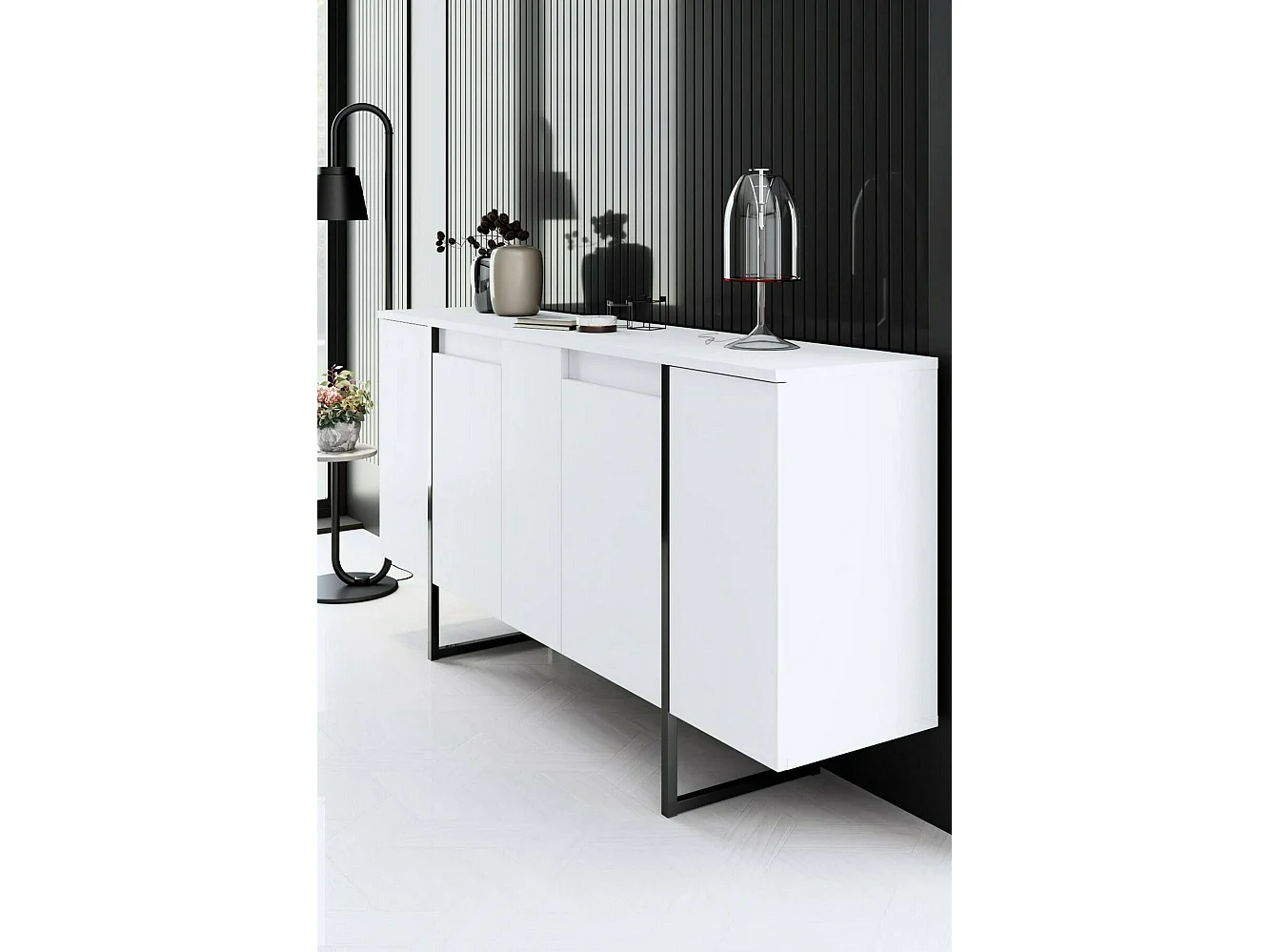 Buffet Betel, Buffet du salon, Commode de salon, Garde-manger de cuisine, 160x35h80 cm, Blanc et Noir