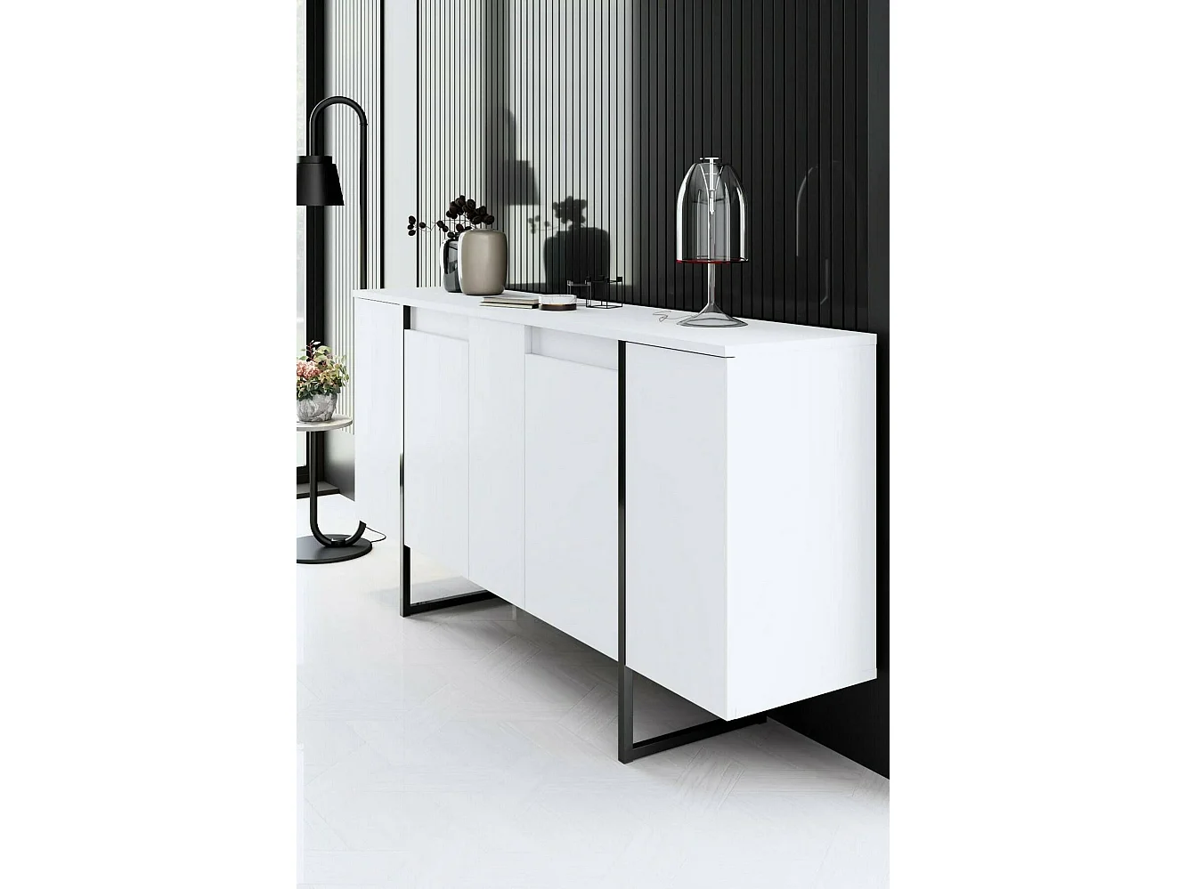 Aparador Dgarzitt, Buffet de SoggioRno, Sala de estar, Despensa de cozinha, 160x35h80 cm, Preto e Branco