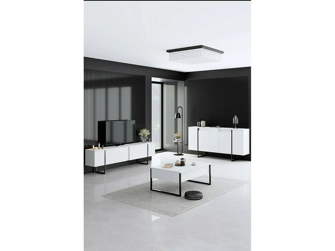 Aparador Dgarzitt, Bufé de salón, Aparador de salón, Despensa de cocina, 160x35h80 cm, Blanco y Negro