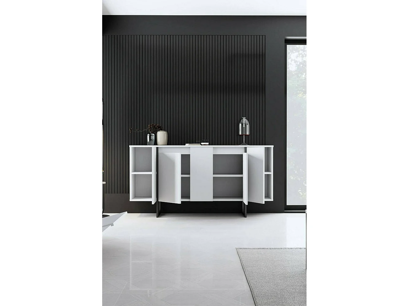 Buffet Betel, Buffet du salon, Commode de salon, Garde-manger de cuisine, 160x35h80 cm, Blanc et Noir