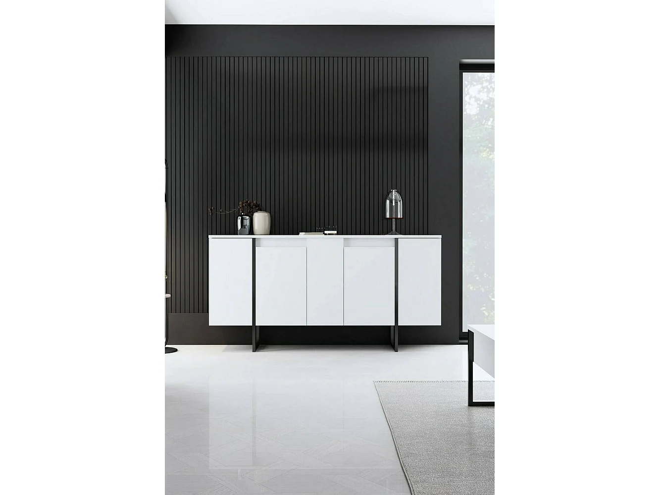 Buffet Betel, Buffet du salon, Commode de salon, Garde-manger de cuisine, 160x35h80 cm, Blanc et Noir