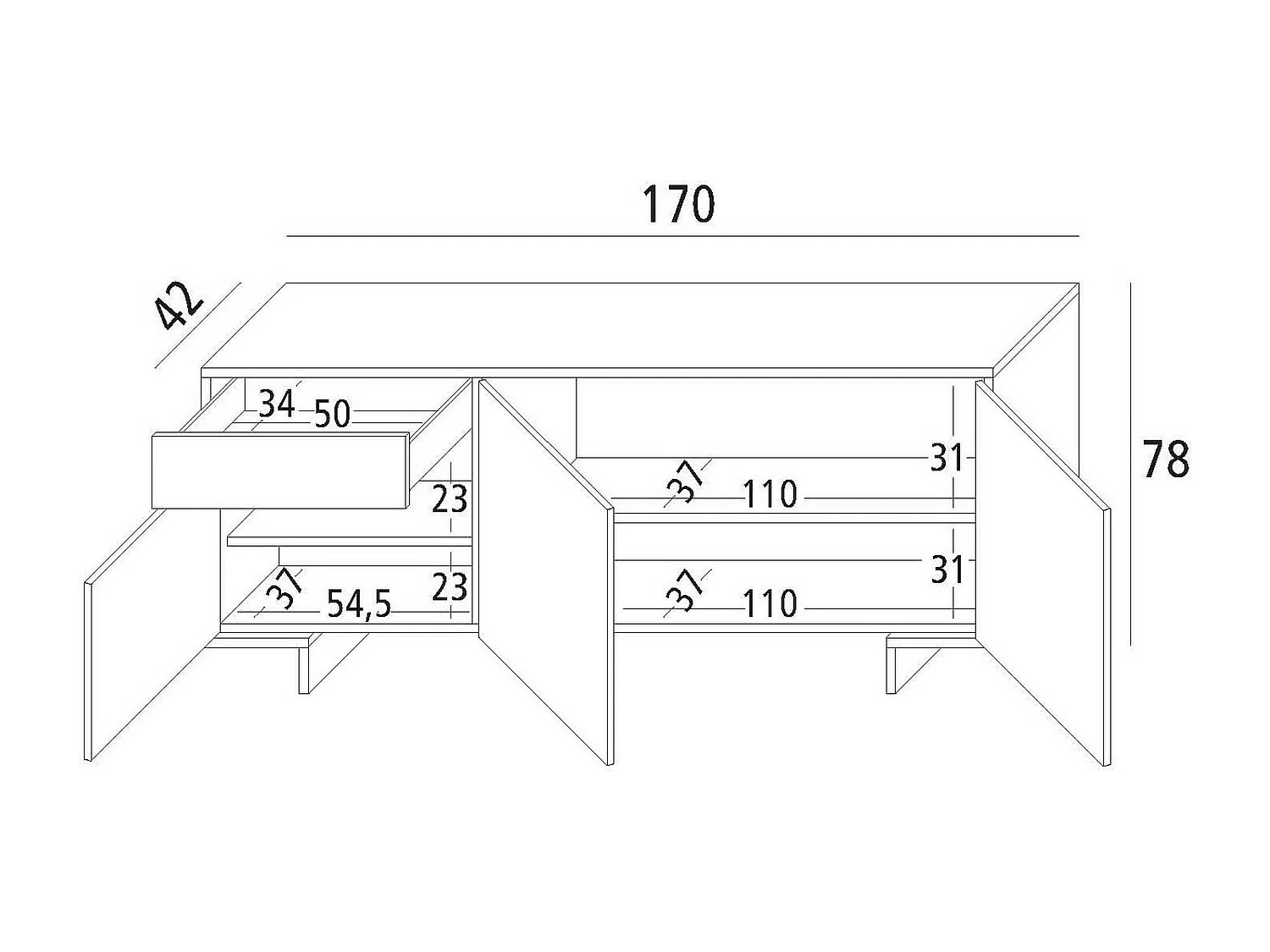 Aparador Davallon, Madia de sala de estar, Buffet de sala de estar com 3 portasE 1 gaveta, 100% Made in Italy, 170x42h78 cm, Branco e Carvalho