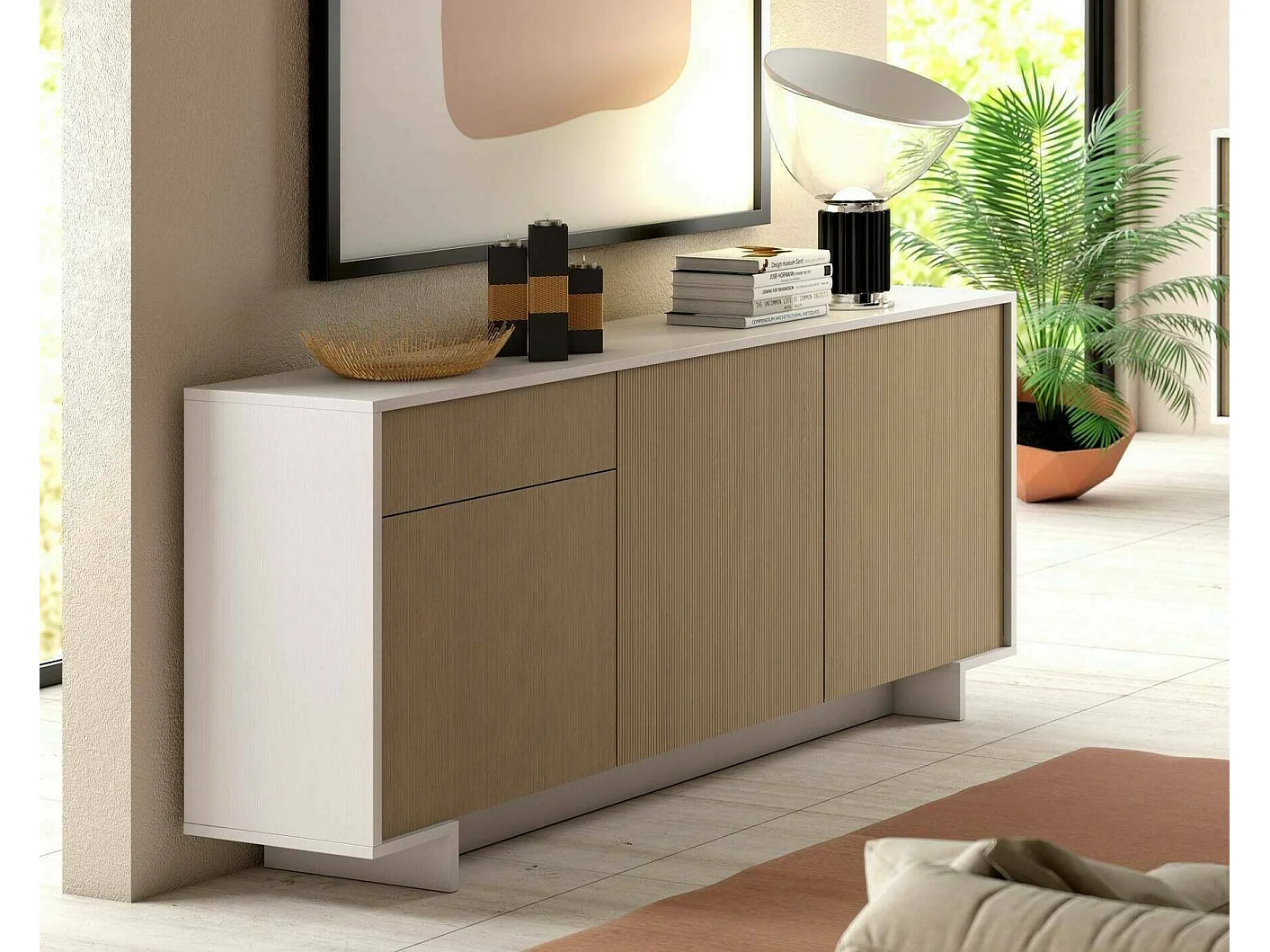 Davallon dressoir, woonkamermadia, buffet met 3 deuntenEn 1 lade, 100% Made in Italy, 170x42h78 cm, Wit en Eiken