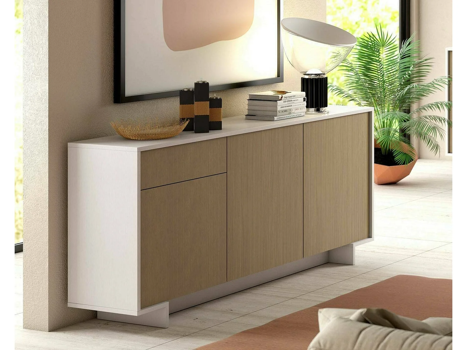 Davallon dressoir, woonkamermadia, buffet met 3 deuntenEn 1 lade, 100% Made in Italy, 170x42h78 cm, Wit en Eiken