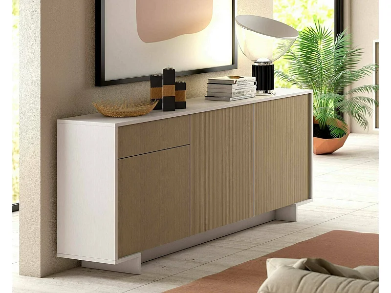 Buffet Agrifoglio, Buffet de salon, Buffet de salon avec 3 portes et 1 tiroir, 100% Made in Italy, 170x42h78 cm, Blanc et Chêne
