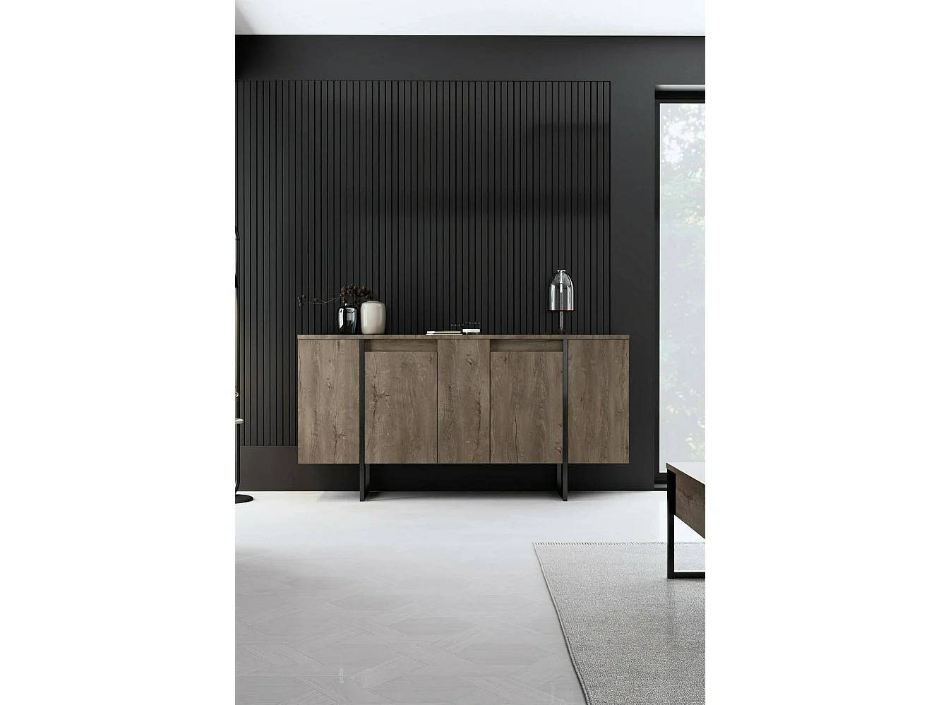 Credenza Dgarzitt, BuFfet de sala de estar, forma de sala de estar, despensa de cozinha, 160x35h80 cm, nogueira e preto