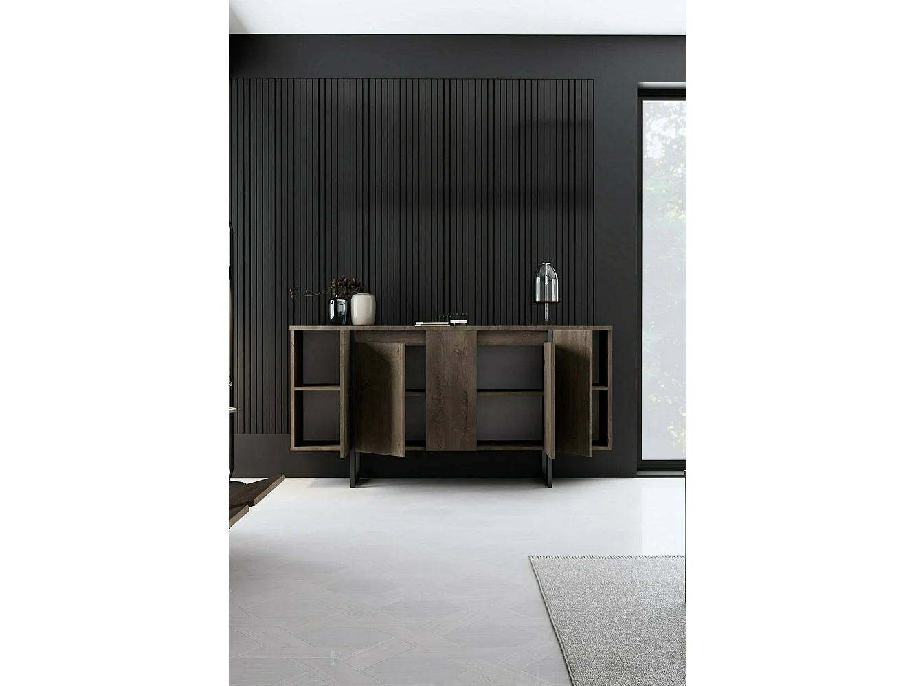 Credenza Dgarzitt, BuFfet de sala de estar, forma de sala de estar, despensa de cozinha, 160x35h80 cm, nogueira e preto