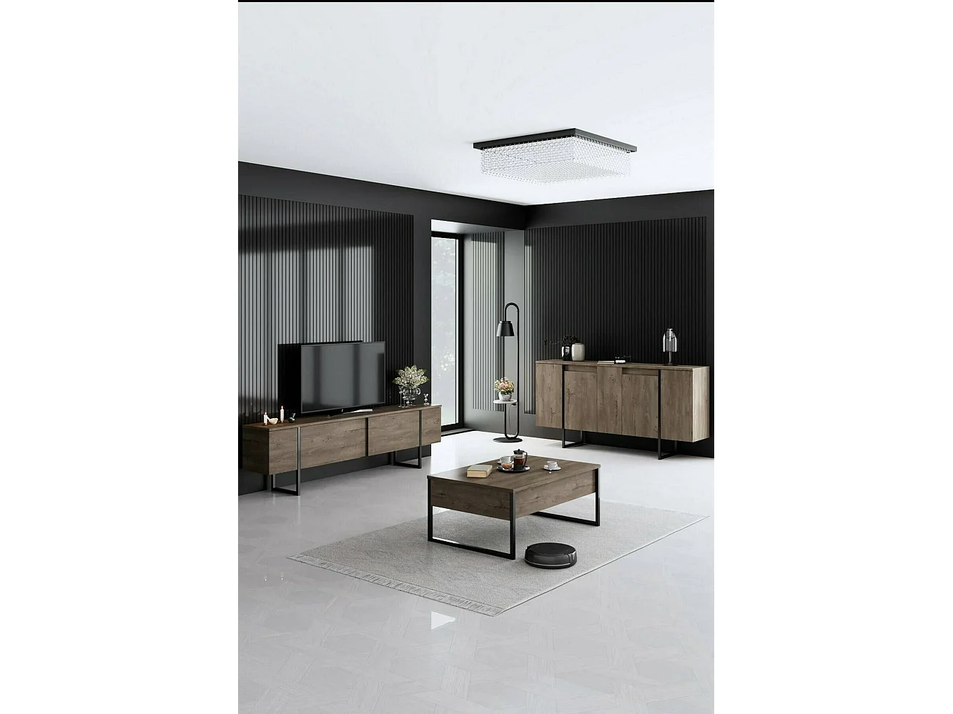 Buffet Betel, Buffet du salon, Commode de salon, Garde-manger de cuisine, 160x35h80 cm, Noyer et Noir
