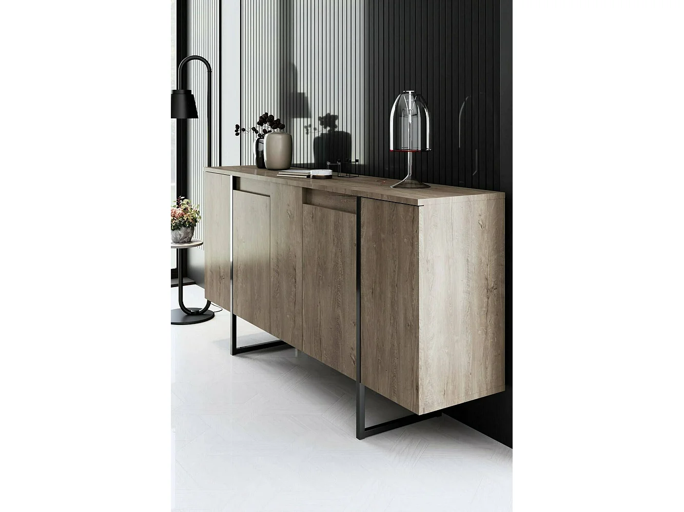 Buffet Betel, Buffet du salon, Commode de salon, Garde-manger de cuisine, 160x35h80 cm, Noyer et Noir