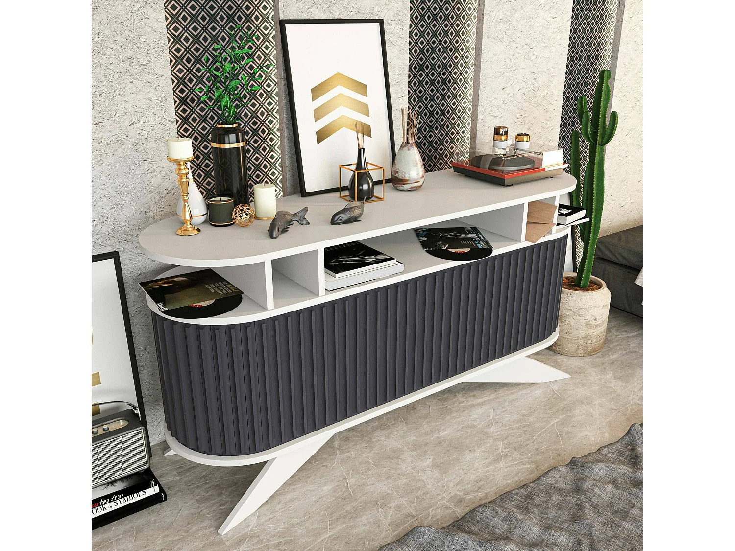 Dpoluzz Dressoir, Woonkamerbuffet, Woonkamer, Keukenkast, 150x43h75 cm, Wit en Antraciet