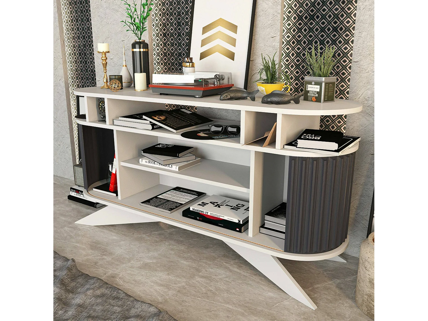 Buffet Zaurak, Buffet du salon, Commode de salon, Garde-manger de cuisine, 150x43h75 cm, Blanc et anthracite